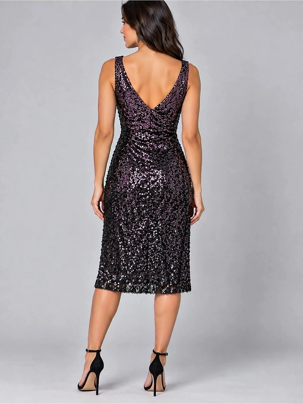 Y2K David Meister Purple & Black Sequin Ruched Cocktail Dress - Sz 2 Made in USA - Picture 2 of 7
